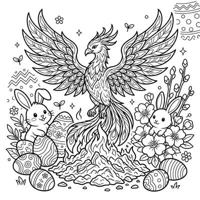 Experience a unique blend of myth and merriment with this Ash Phoenix Easter coloring page. Featuring the legendary bird of rebirth alongside playful bunnies and festive eggs, it's a perfect symbol of spring's renewal.
