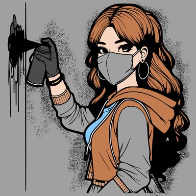 realistic girl with mask spray painting a wall