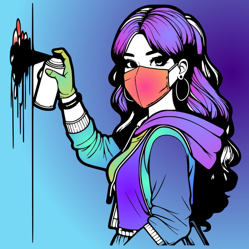 realistic girl with mask spray painting a wall