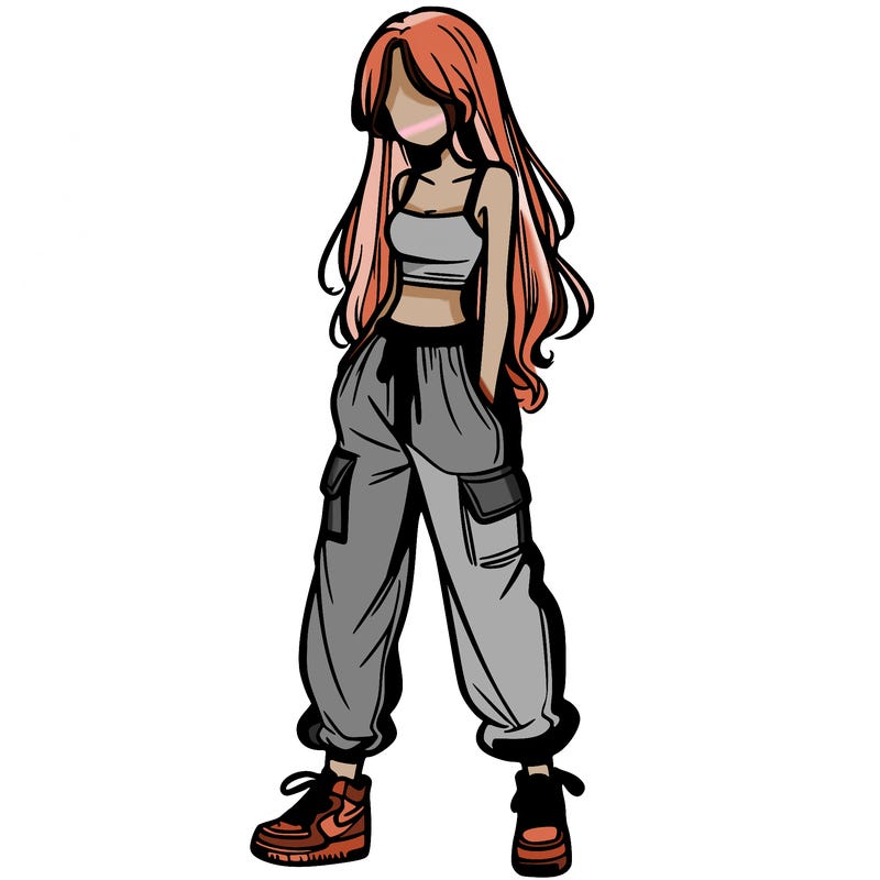 girl in baggy pants crop top and long hair