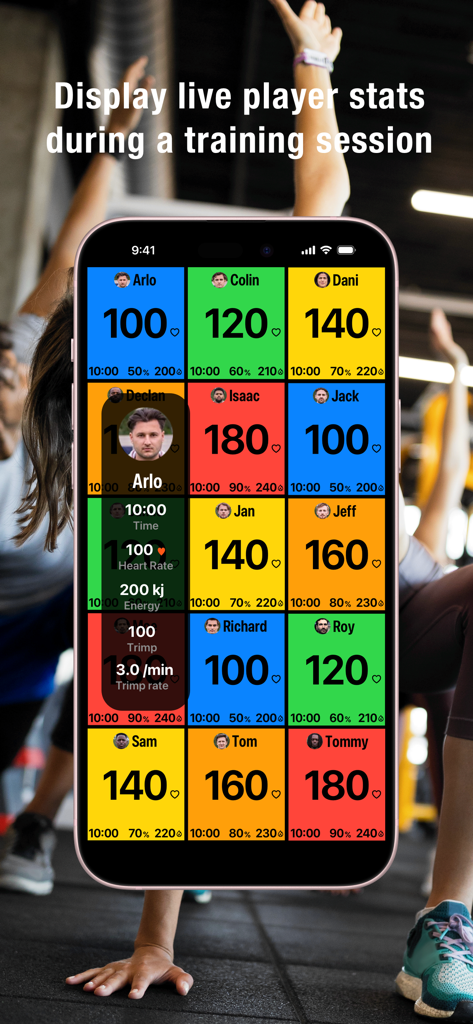 Squad HR - Dashboard Squad HR che mostra statistiche di frequenza cardiaca e intensità in tempo reale per più giocatori durante un allenamento di gruppo.