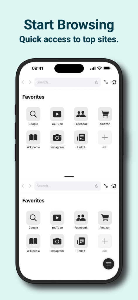 Split Screen Web Browser - Split Screen Web Browser interface showing dual view favorites and search bars for multitasking on iPhone