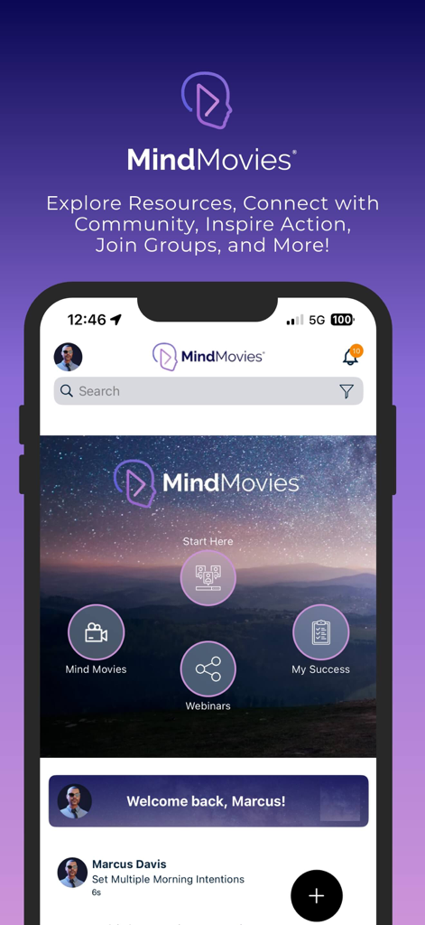 Mind Movies app dashboard for personal development and manifestation