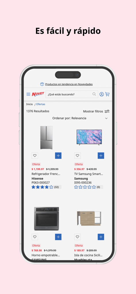 Novey Panamá - Novey Panama mobile app interface displaying a search results page with various home appliances and furniture