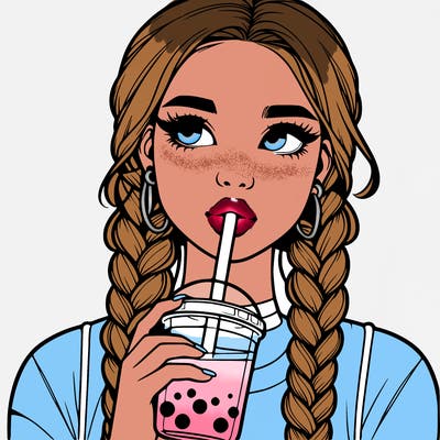 realistic girl with braided hair drinking boba