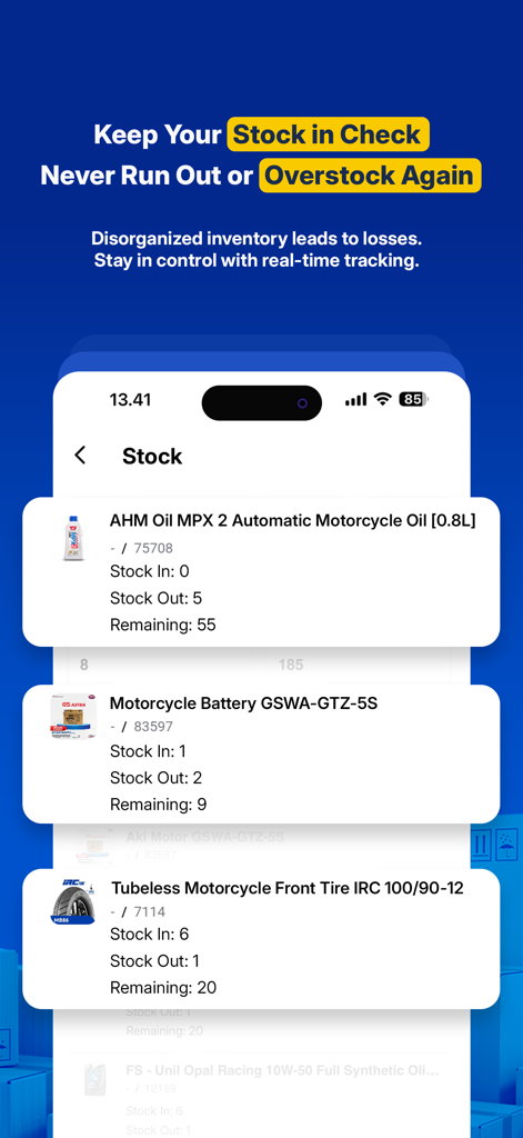 Kelola: Inventory & Sales - Kelola mobile app interface showing real time stock tracking for automotive parts and oil