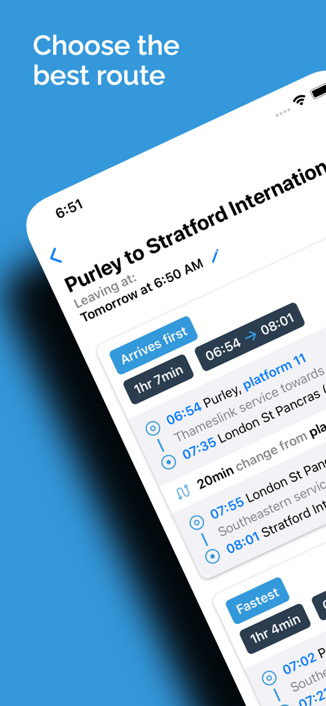 Train Times UK Journey Planner - Train Times UK 乗り換え案内のアプリのスクリーンショットで、パーリーからストラットフォード・インターナショナルへの移動のための複数のルートオプション、到着時刻、プラットフォームの詳細が表示されています。