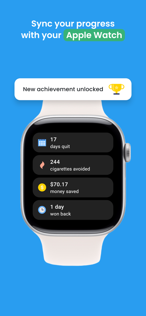 QuitNow! - La aplicación QuitNow! en Apple Watch mostrando el progreso sin fumar y el dinero ahorrado