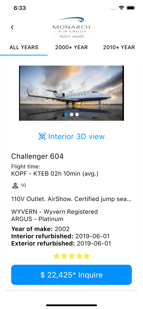 Private Jet Charter - MAG - Challenger 604 private jet charter details on Monarch Air Group app