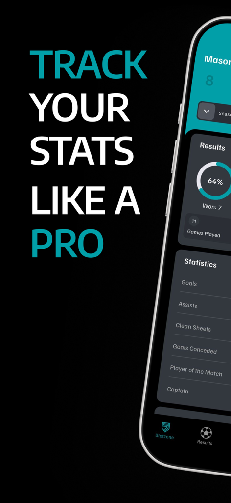 STATZO Football stats tracker - Statzo mobile app dashboard displaying soccer player career statistics and match results