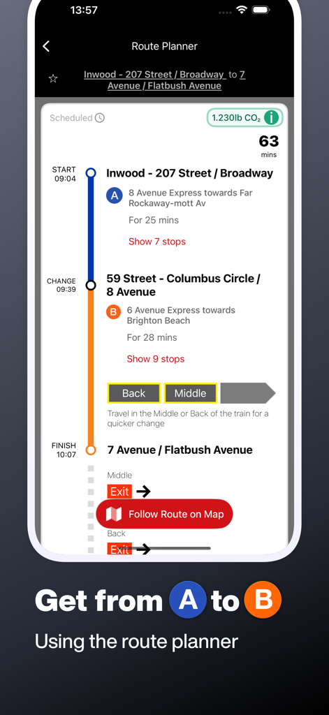 Route planner screen in the New York Subway MTA app showing a journey from Inwood to Flatbush Avenue with line details and transfer times