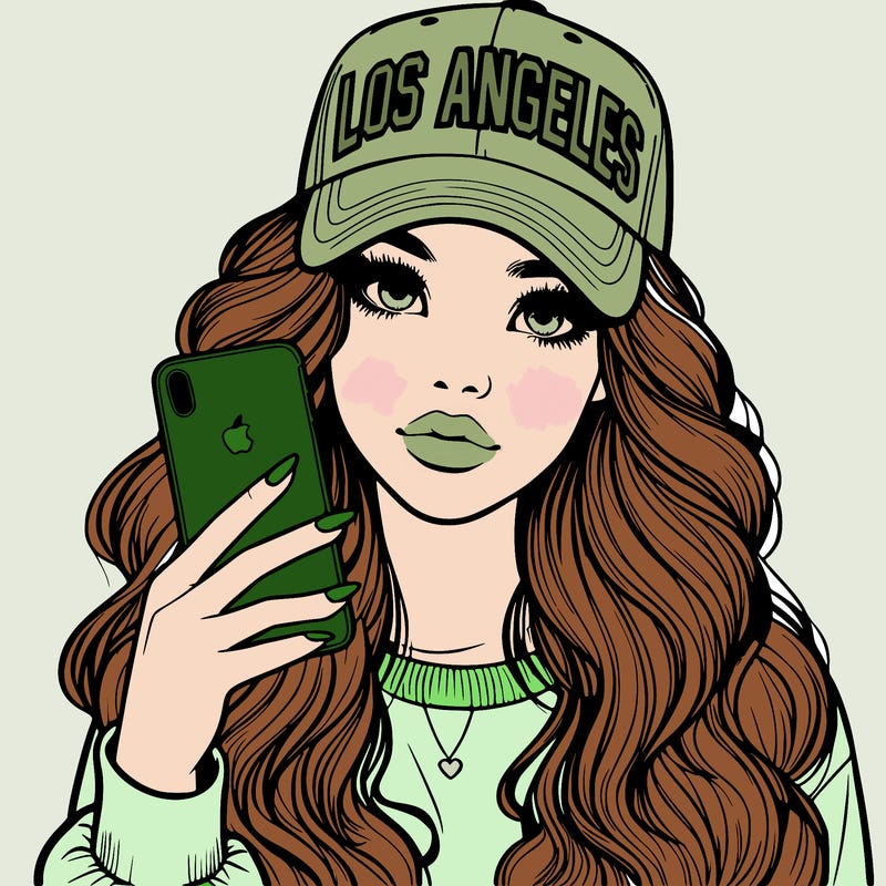 realistic beautiful girl wearing los ángeles cap holding an iphone