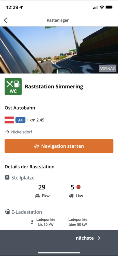ASFINAG - ASFINAG app displaying information for the Simmering rest area including parking availability and EV charging points