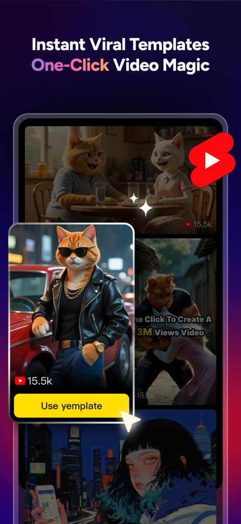 MagicLight mobile app screen showing viral AI video templates and one click video generation features