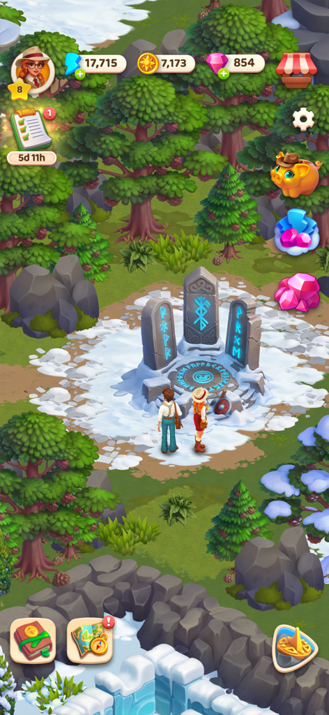 Olivia's Mysteries - Olivia and a companion standing before glowing runic stones in a snowy forest.