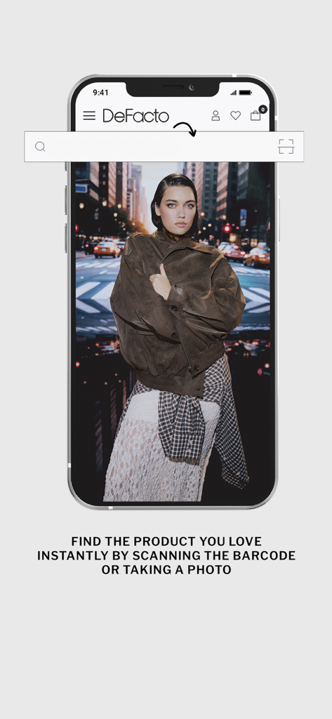 DeFacto - Clothing & Shopping - DeFacto clothing app visual search feature for scanning barcodes and taking photos to find products.