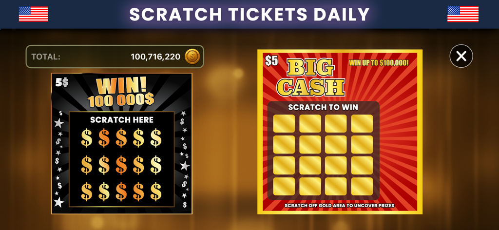 Daily scratch off card mini game interface in the Roulette Double Ball Casino mobile app