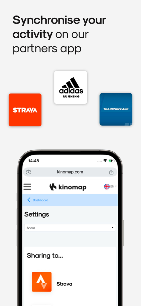 Kinomap: Bike, Run, Row - Kinomap app screen showing synchronization settings with partners like Strava Adidas Running and TrainingPeaks