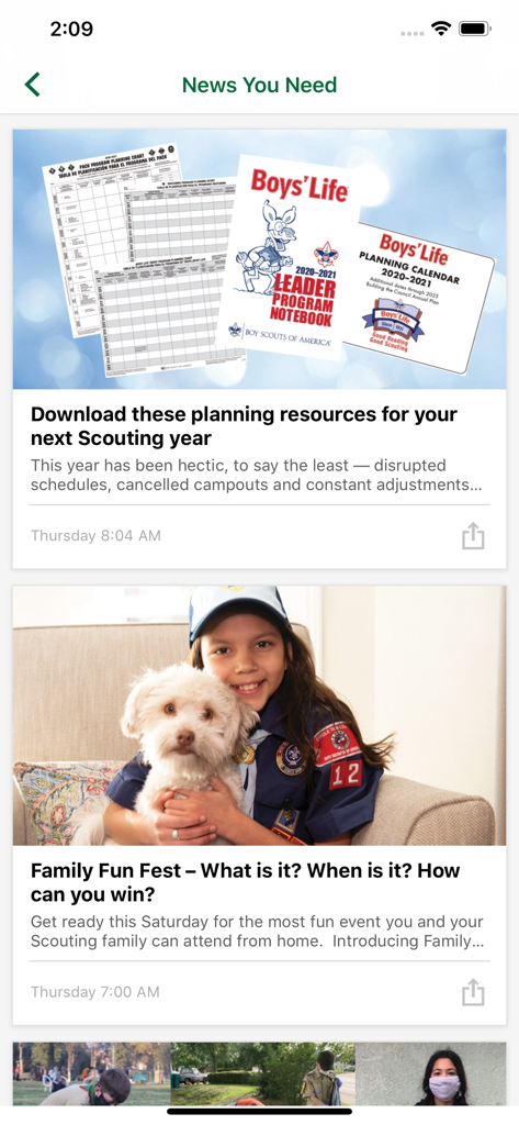 A mobile screen showing the News You Need section of the Scouting Magazine app with planning resources and a family fun fest article