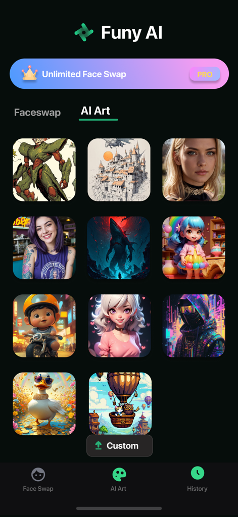 Funy AI app interface displaying a gallery of various AI generated art styles and templates