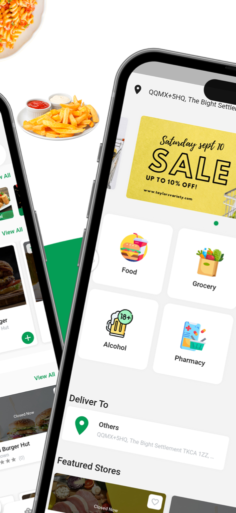 Order Up -Order Food & Grocery - Order Up mobile app homepage showing delivery categories for food grocery alcohol and pharmacy in Turks and Caicos