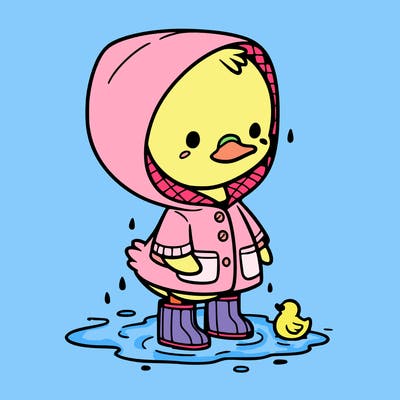 baby duck in a rain coat and boots, in a puddle while it’s raining