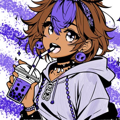 hot baddie anime girl drinking boba and biting the straw