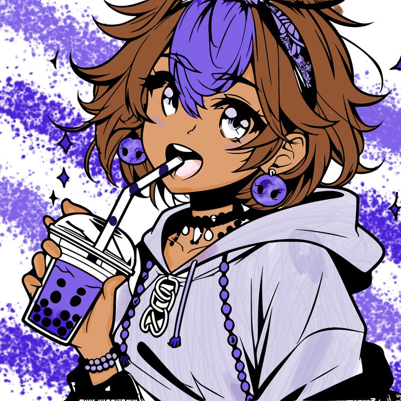 hot baddie anime girl drinking boba and biting the straw