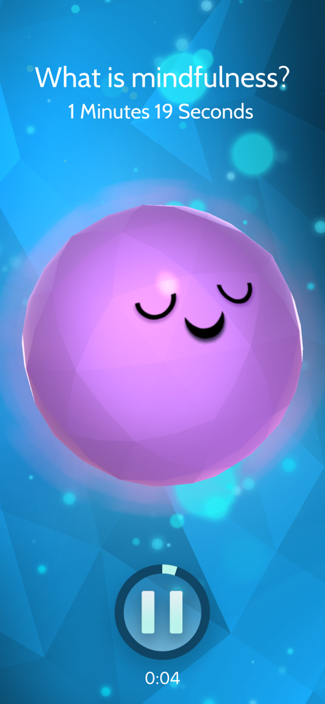 Um personagem roxo pacífico em uma tela de lição de mindfulness para crianças no aplicativo Mindful Powers.