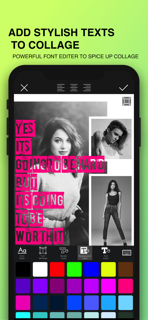 Photo Collage Maker : Pic Grid - Pantalla de smartphone que muestra las elegantes herramientas de edición de texto y fuentes dentro de una aplicación de collage de fotos.