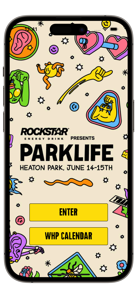 Parklife Festival 25 - Parklife Festival 25 app home screen featuring event dates at Heaton Park and colorful graphic illustrations.