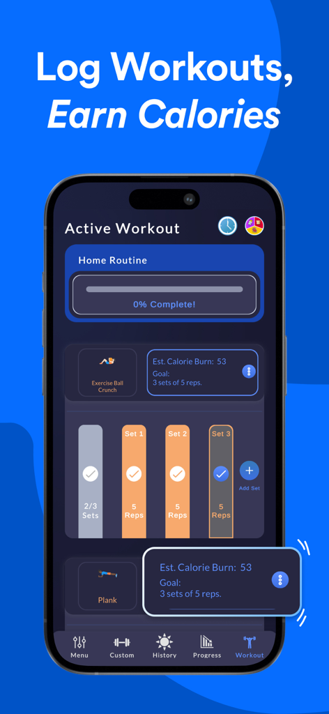 Interface of Stupid Simple Macro Tracker showing an active workout with exercise sets and calorie tracking