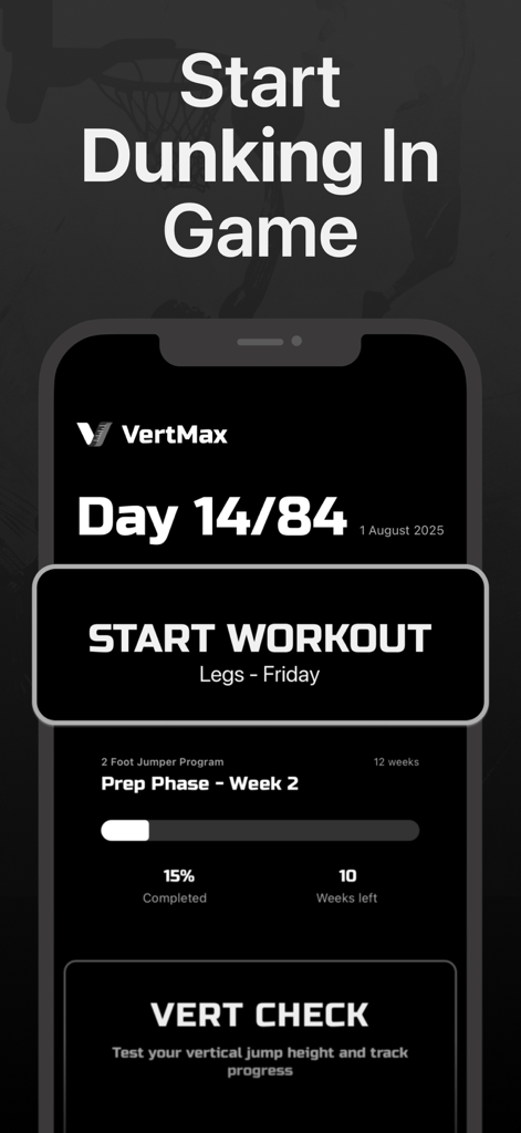Interfaz de la aplicación móvil VertMax que muestra el progreso del entrenamiento de salto vertical y un botón de inicio de entrenamiento
