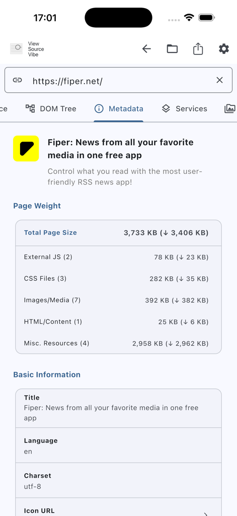 View Source Vibe - Una interfaz móvil de View Source Vibe que muestra los metadatos de un sitio web, estadísticas de peso de página e información técnica básica.