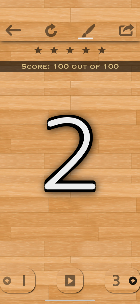 English 101 - Learn to Write - Práctica de caligrafía para el número dos que muestra una puntuación perfecta de 100 en la aplicación English 101.
