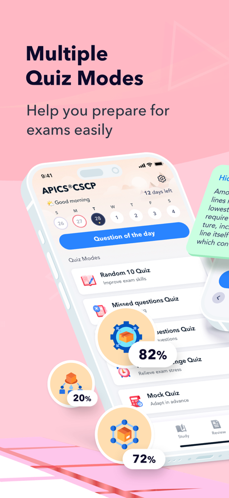 APICS CSCP Exam Prep: 2026 - Interfaccia dell'app di preparazione all'esame APICS CSCP che mostra diverse modalità di quiz e monitoraggio dei progressi di studio