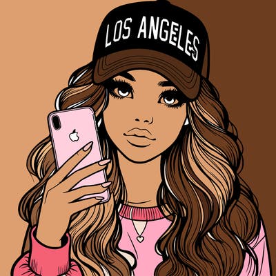 realistic beautiful girl wearing los ángeles cap holding an iphone