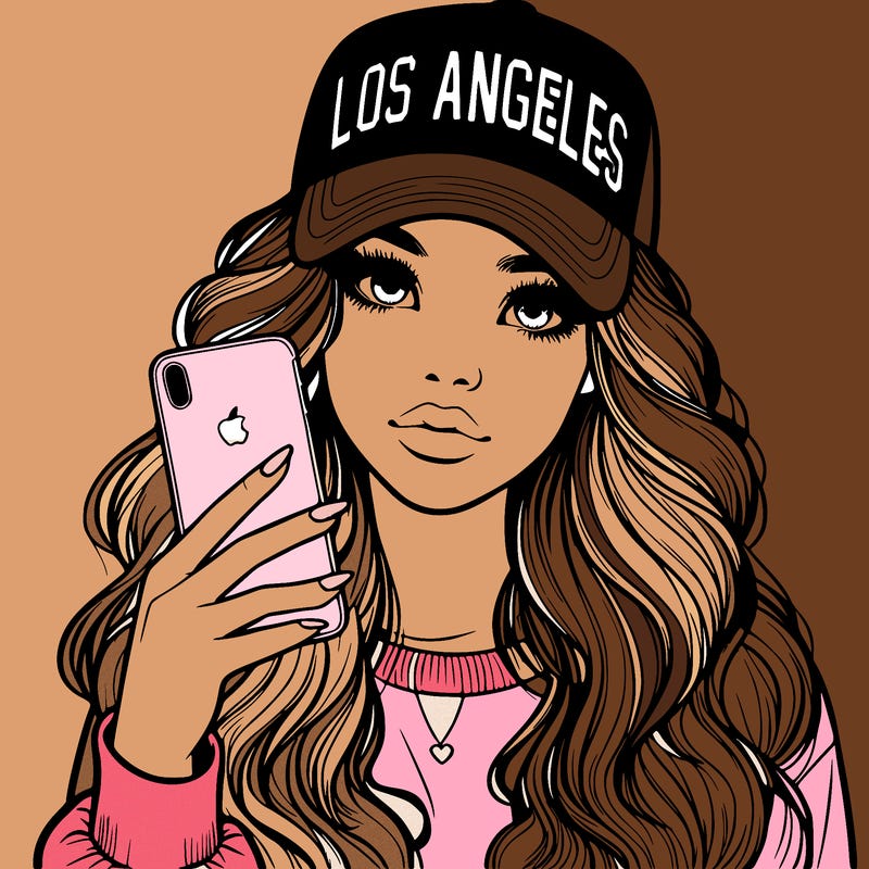 realistic beautiful girl wearing los ángeles cap holding an iphone