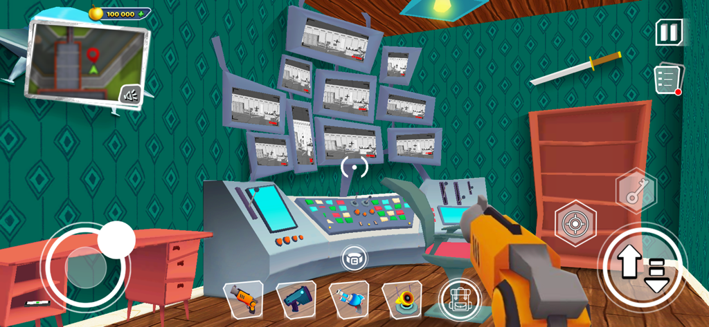 Gameplay aus der Ego-Perspektive von Dark Riddle, das eine Wand mit Überwachungsmonitoren und ein Gadget in der Hand zeigt