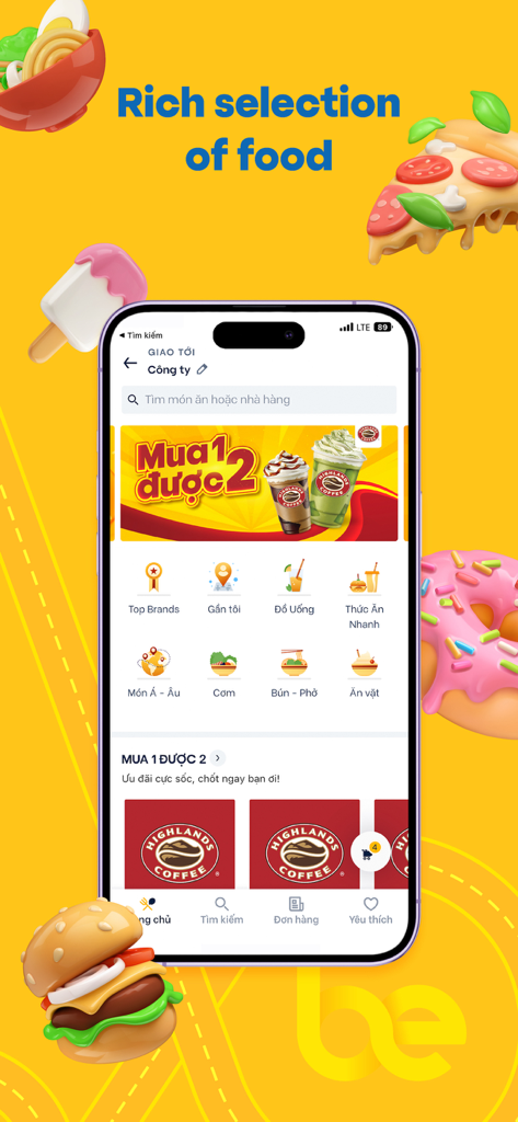 be - Multi-Service Platform - Schermata di consegna cibo dell'app be che mostra una varietà di categorie di pasti e offerte promozionali per gli utenti in Vietnam.