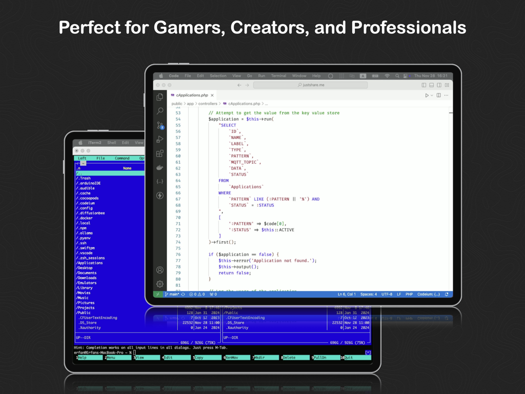 HDMeye - Ein iPad, das als externer HDMI-Monitor verwendet wird und Code und ein Terminalfenster für den professionellen Einsatz anzeigt.