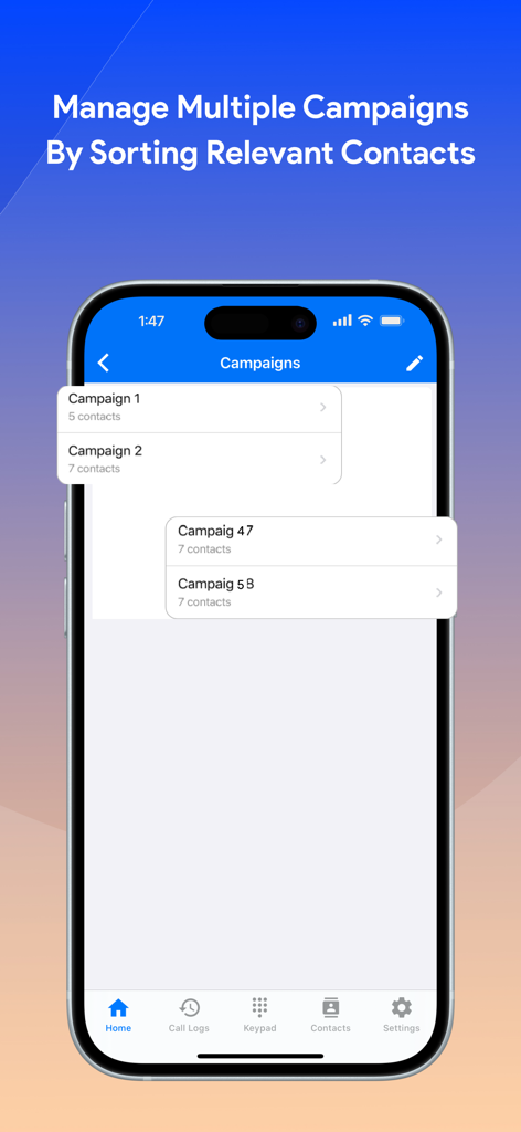 WiFi Phone Call by Moon Dialer - Bildschirm zur Kampagnenverwaltung in der Moon Dialer App zum Sortieren von Geschäftskontakten
