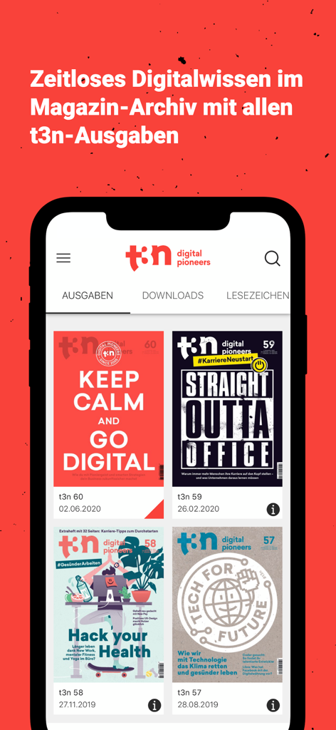 Interface of the t3n magazine app showing a digital archive of past magazine issues with tech and digital covers