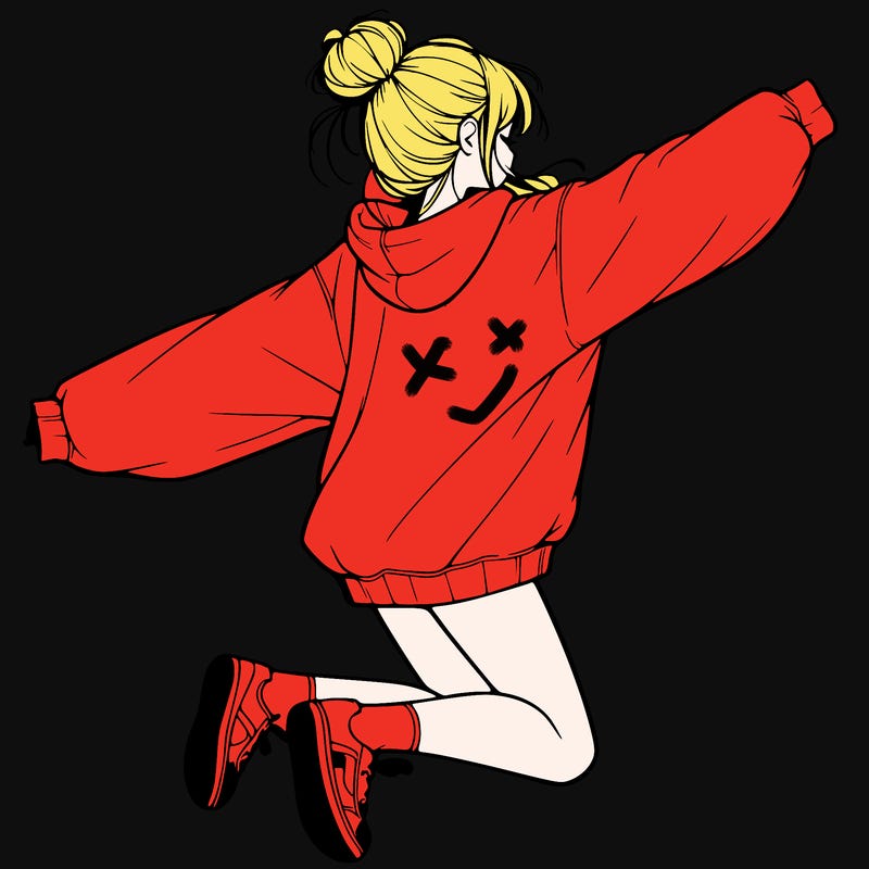 realistic girl jumping with a bun and oversized sweatshirt