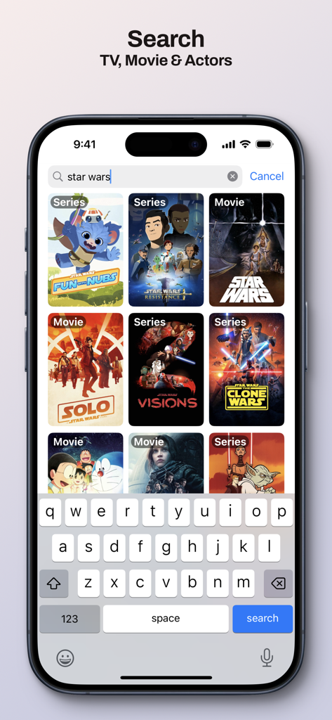 Ovue for Overseerr - Ovue app search screen displaying results for Star Wars movies and series