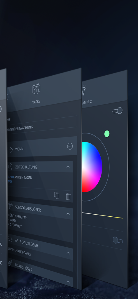 mediola IQONTROL NEO - A perspective view of the mediola IQONTROL NEO app showing automation task settings and a smart lighting color control wheel.