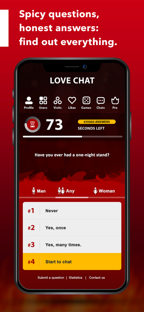 LOVE CHAT - Meet new friends - 타이머와 소셜 상호작용 옵션이 있는 질문 매칭 화면을 보여주는 LOVE CHAT 앱 인터페이스.