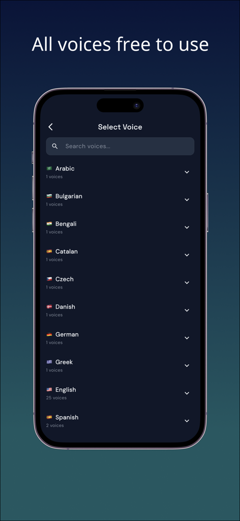 Text to Speech Reader - Rea... - A smartphone screen displaying the ReadVox app voice selection menu with various language options listed under the heading All voices free to use.