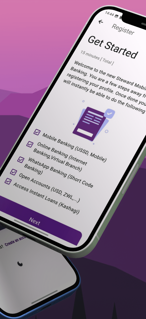 Registration screen for Steward Bank Square showing a list of banking services including accounts and loans.