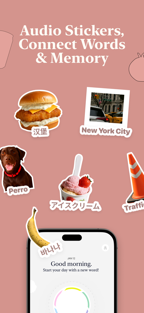 CapWords AI: Learn Languages - A collection of visual stickers in the CapWords AI app showing objects like a burger and a dog with their names in different languages.